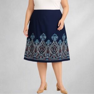 Talbots Woman Skirt 16W/1X Navy Paisley A-Line Cotton Lined Floral Boho